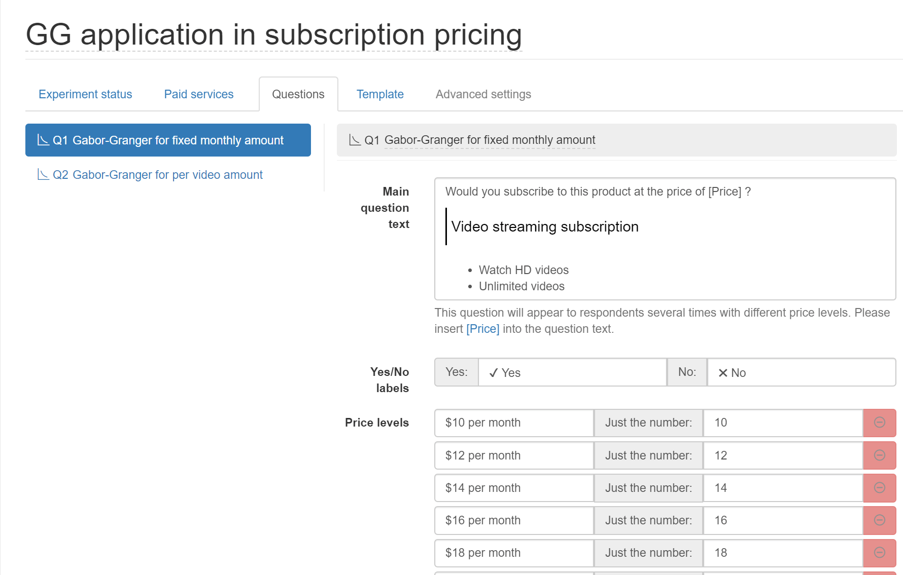 Optimal pricing plan monthly subscription through Gabor-Granger: Question setup