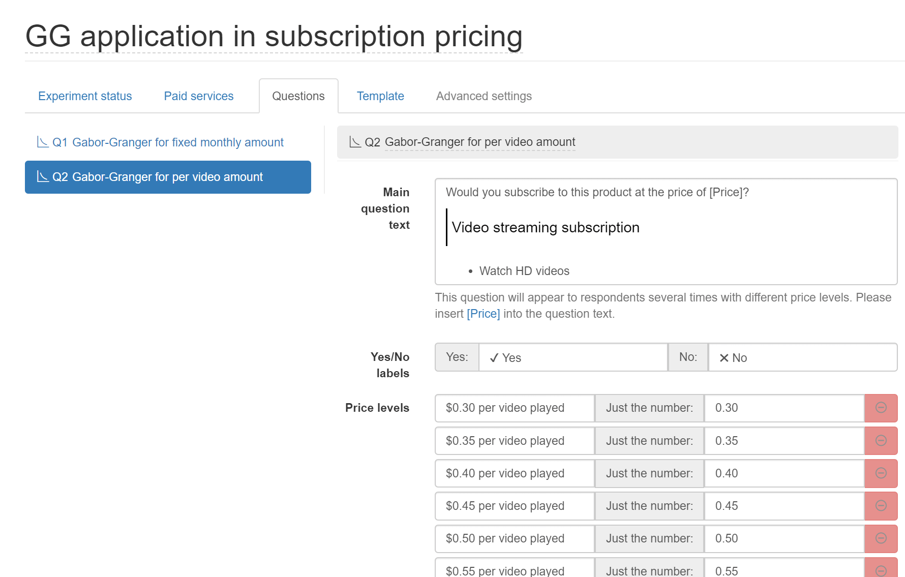 Optimal pricing plan pay per video through Gabor-Granger: Question setup